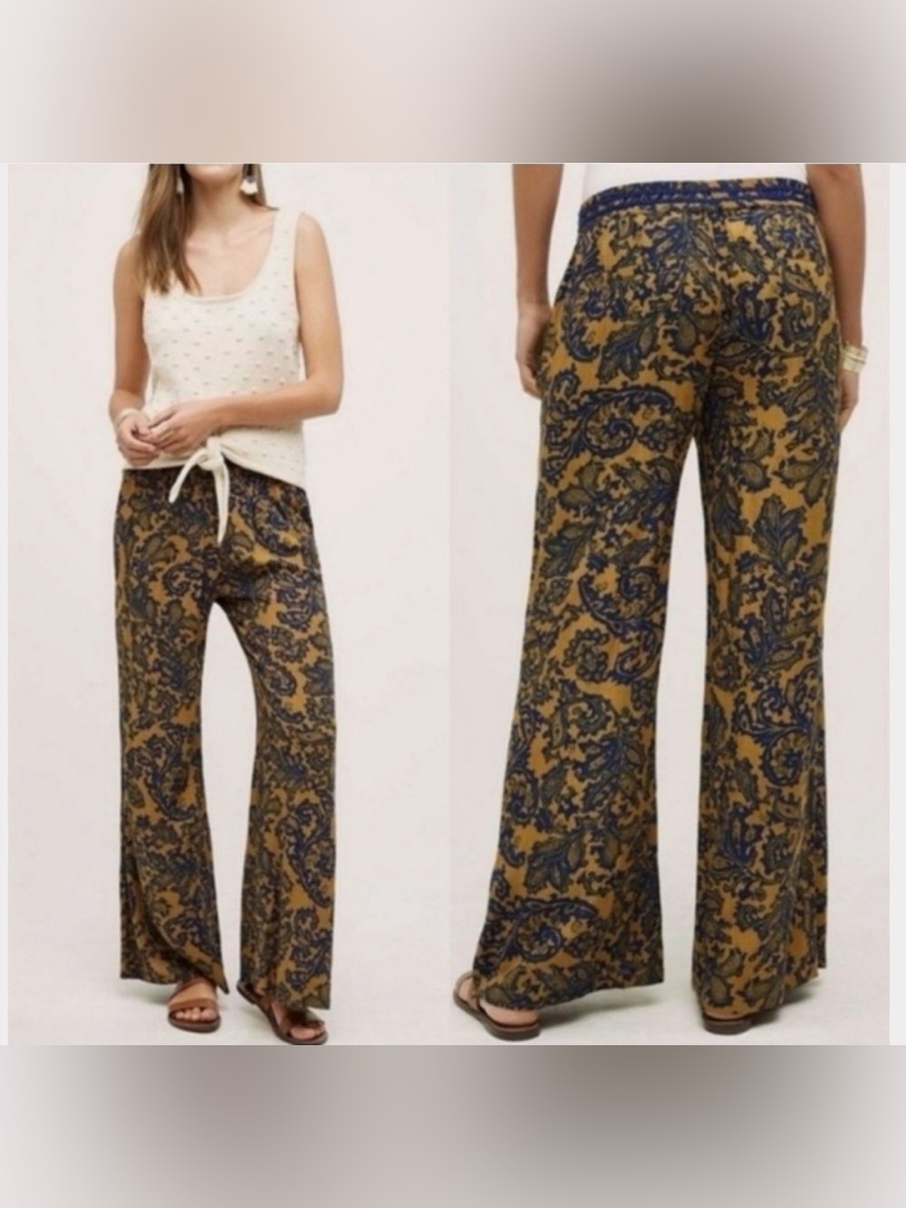 Anthropologie Hei Hei Tana Wide Leg Pants Small Blue Gold Paisley Rayon Boho